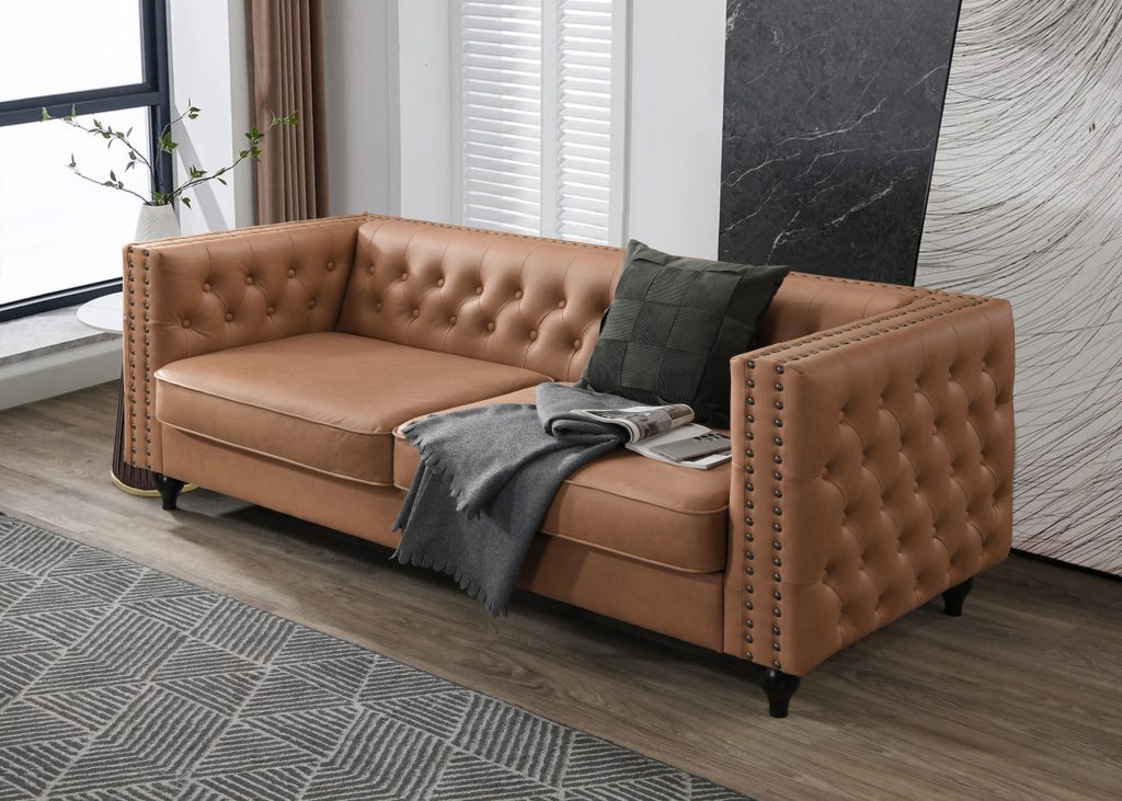 Mayfair 3 Seater Tufted Sofa Tan Faux Leather